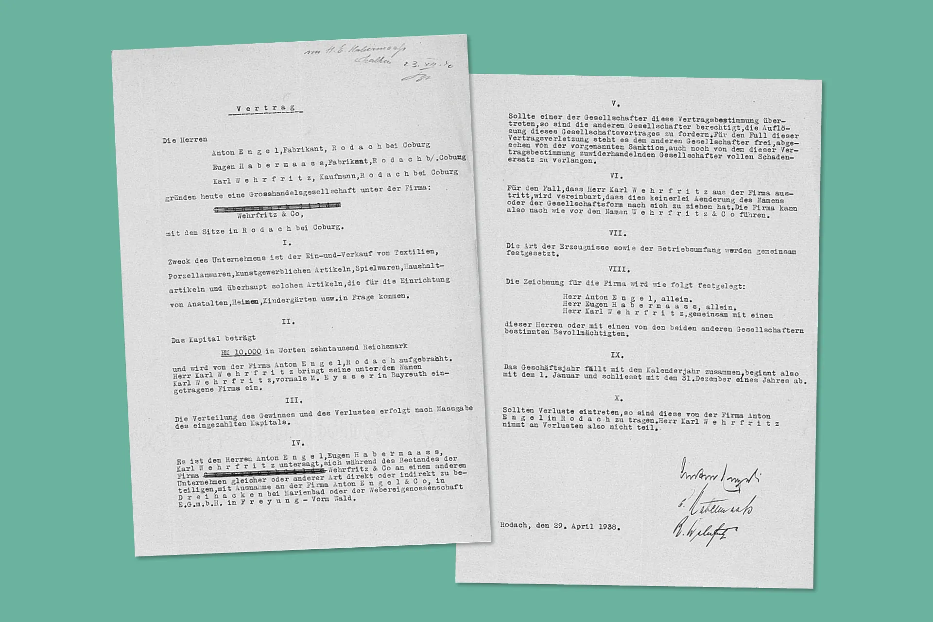 Der zweiseitige Gründungsvertrag der Firma Wehrfritz.