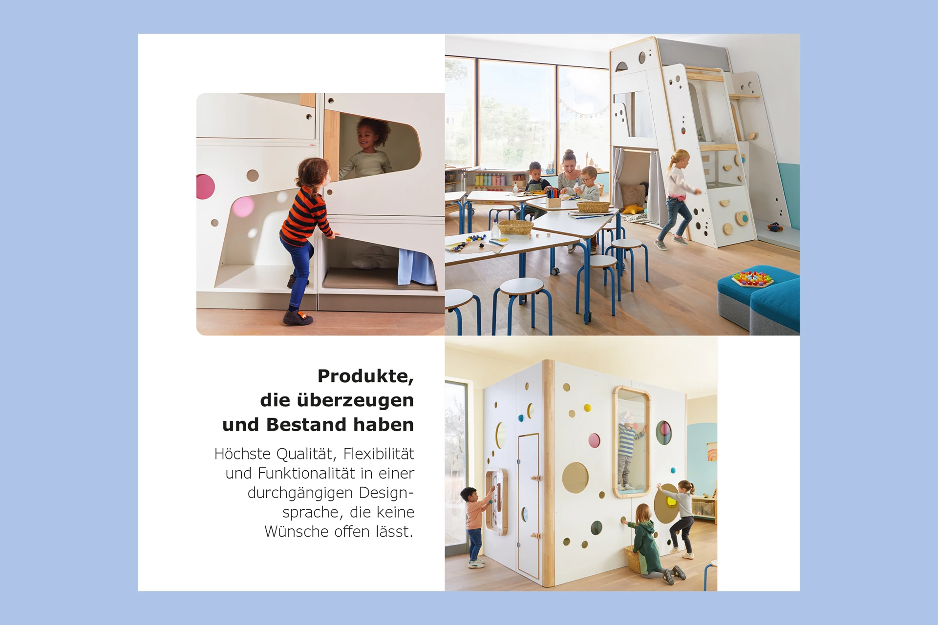 Seite aus einem Leitbild der Firma Wehrfritz, auf der Fotos mit Kindern zu sehen sind, die mit Möbeln von Wehrfritz spielen.