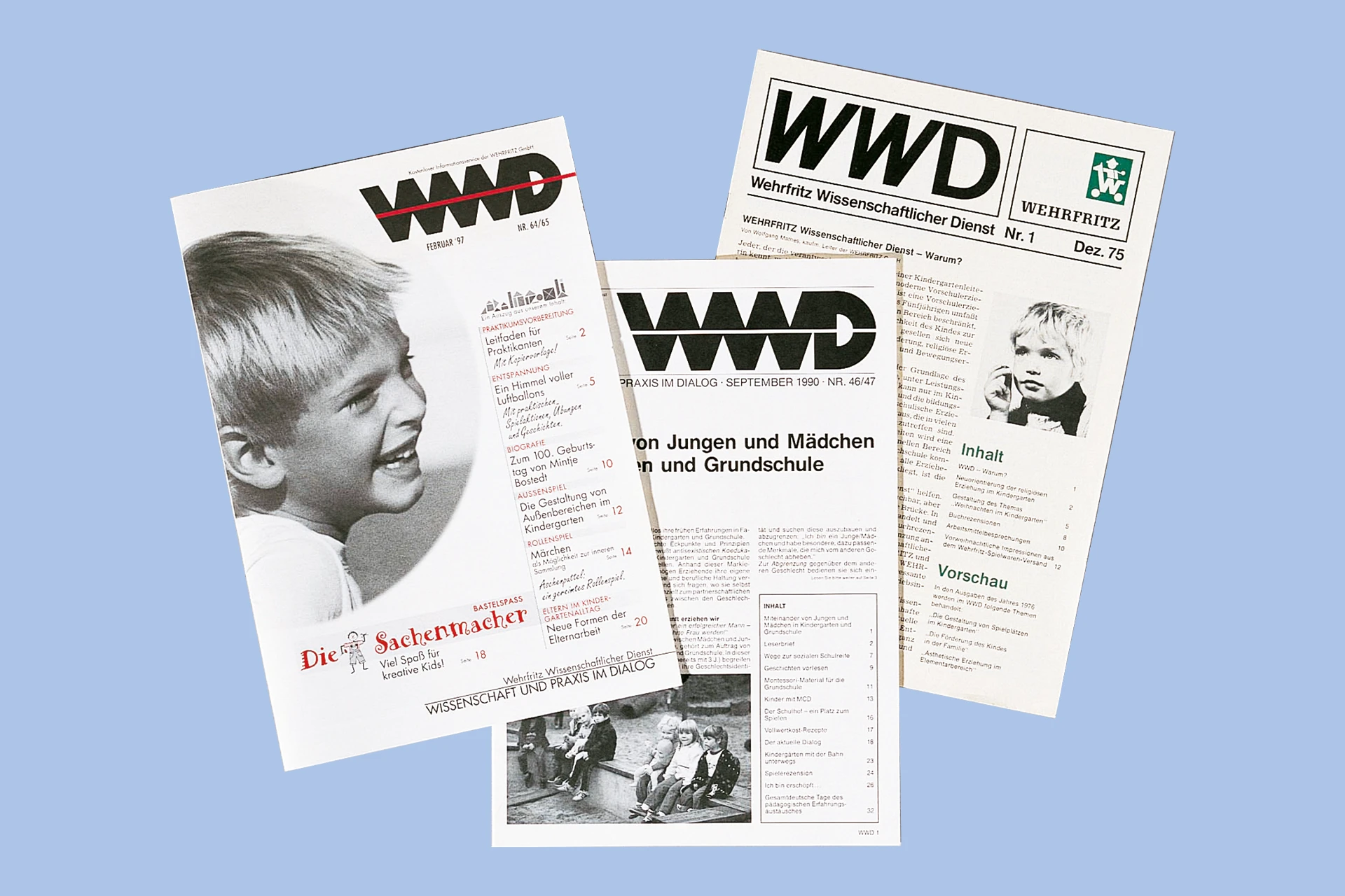 Drei Ausgaben der Zeitschrift „Wehrfritz Wissenschaftlicher Dienst“.