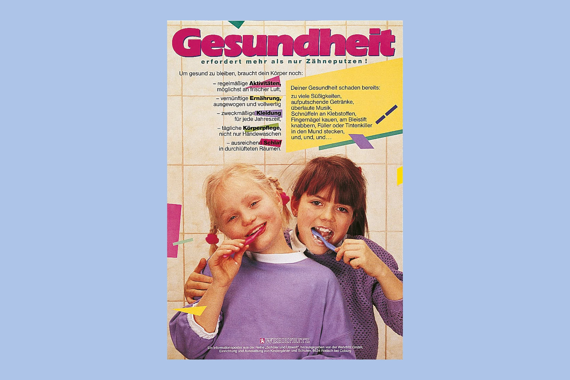 Ein Plakat zum Thema Gesundheit, auf dem zwei Mädchen beim Zähneputzen zu sehen sind.