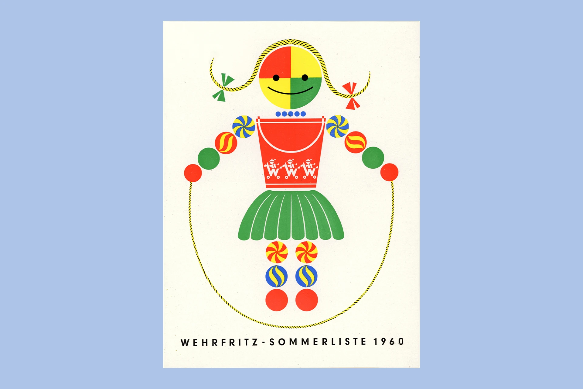 Katalog-Titelseite der Firma Wehrfritz mit einer Illustration eines seilspringenden Mädchens.