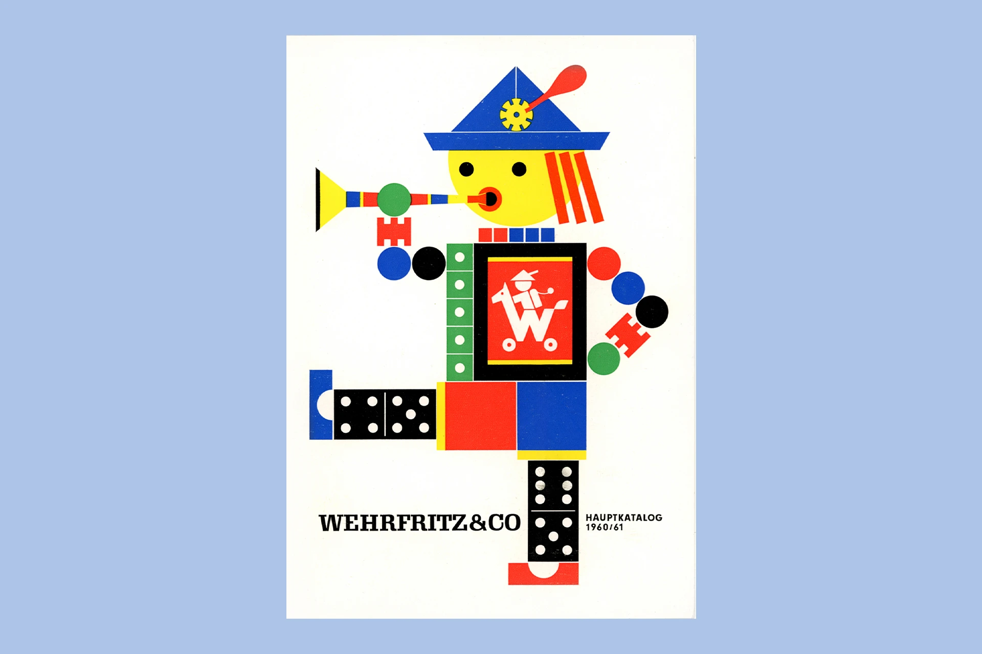 Katalog-Titelseite der Firma Wehrfritz mit einer Illustration einer Figur, die Trompete spielt.