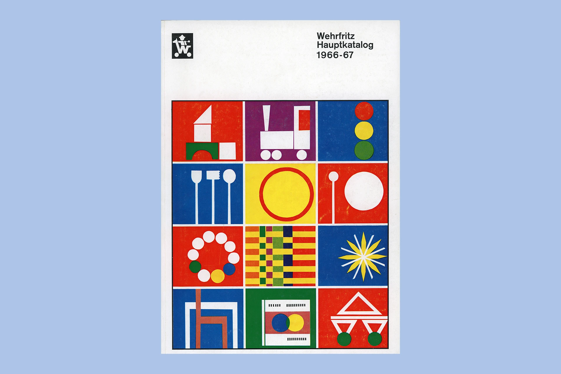 Katalog-Titelseite der Firma Wehrfritz mit stilisierten Illustrationen von Spielsachen.