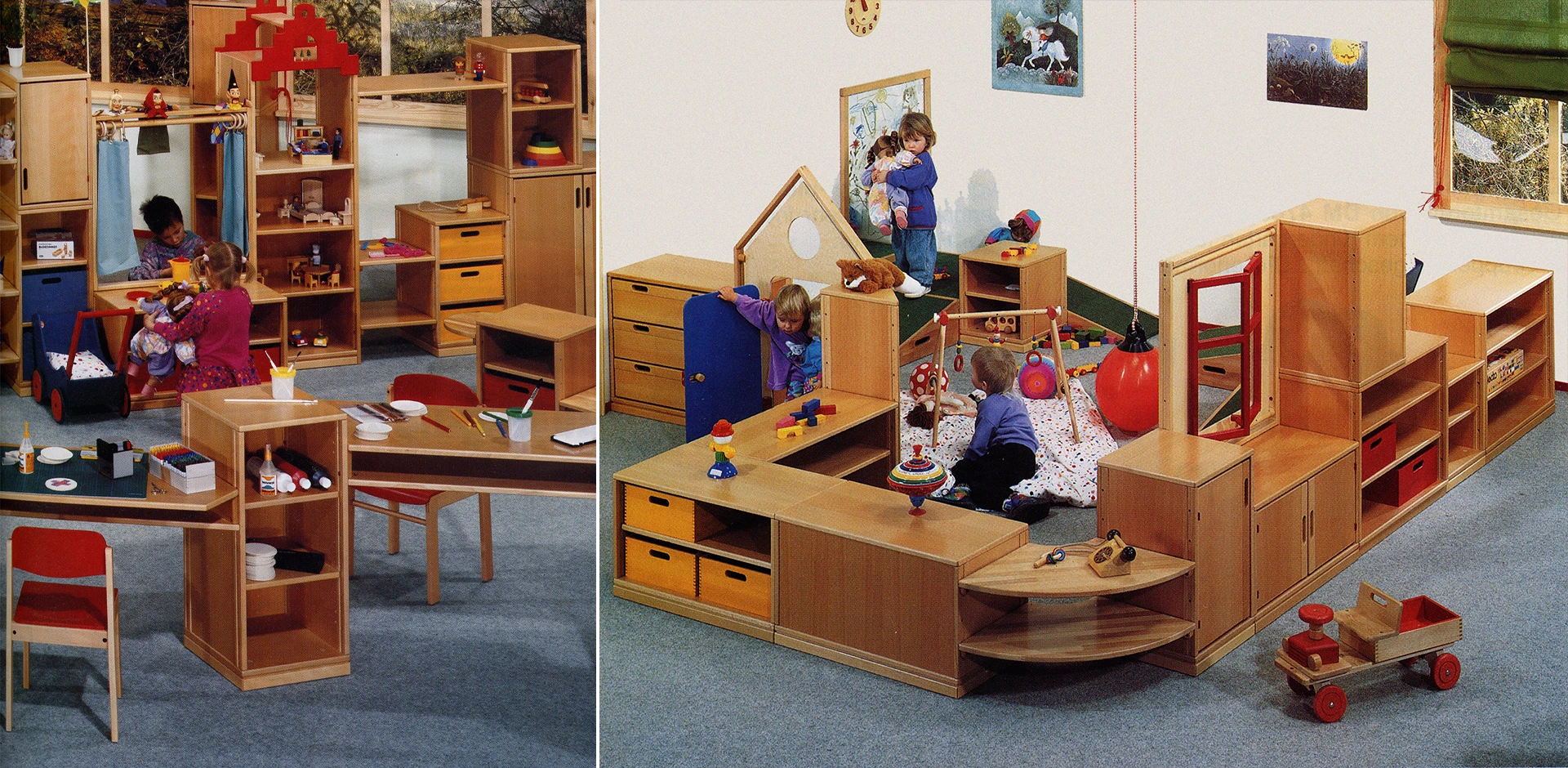 Kinder spielen in einem Kindergartenraum, der mit Möbeln des Einrichtungssystems pluraform-plus ausgestattet ist.