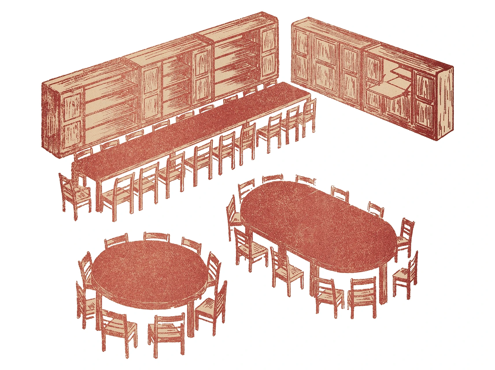 Zeichnung einer historischen Kindergarteneinrichtung mit Tischen, Stühlen und Schränken.